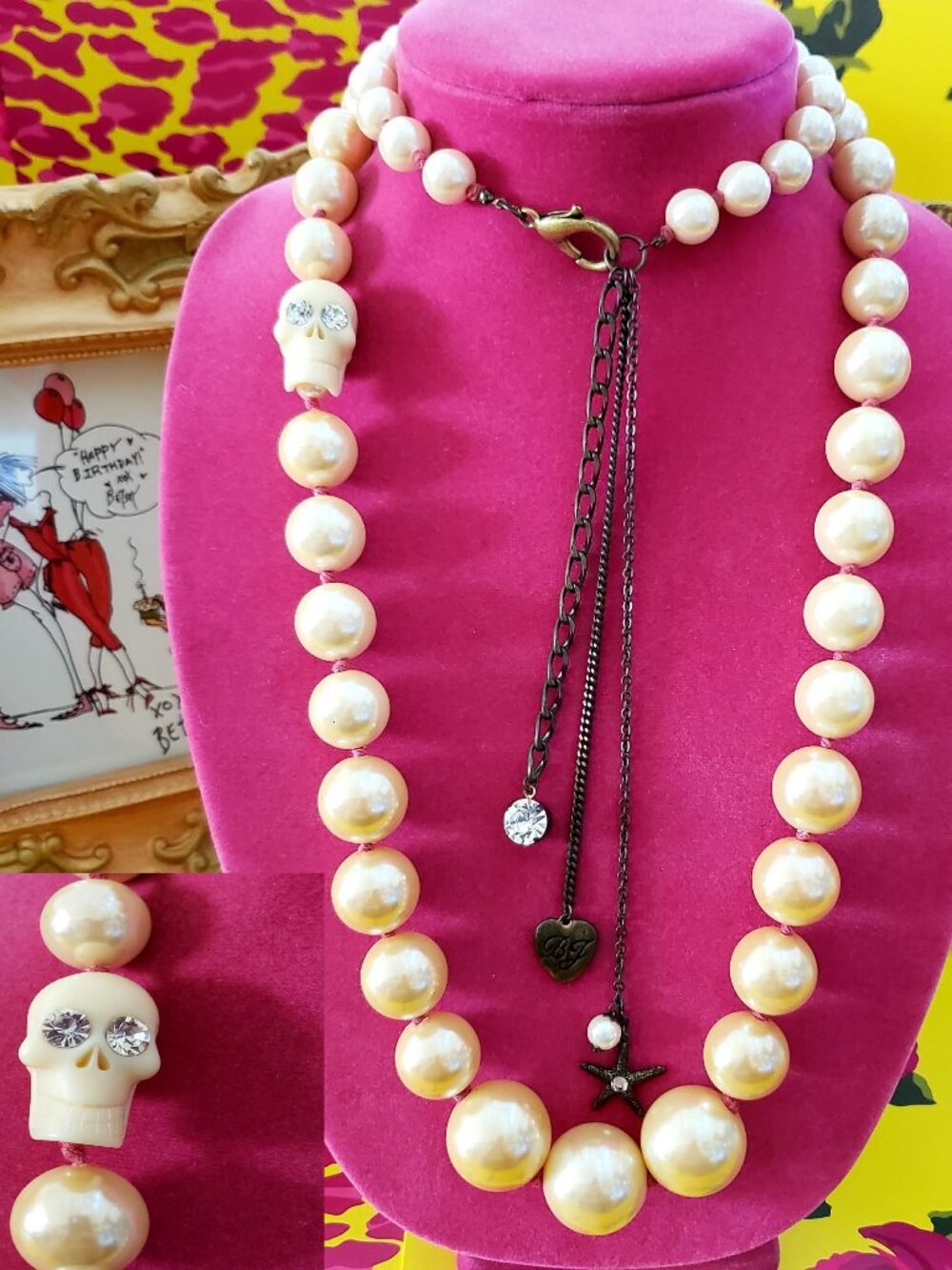 Betsey Johnson Vintage Nautical Long Creamy Graduated Pearl Skull Necklace 43" L
